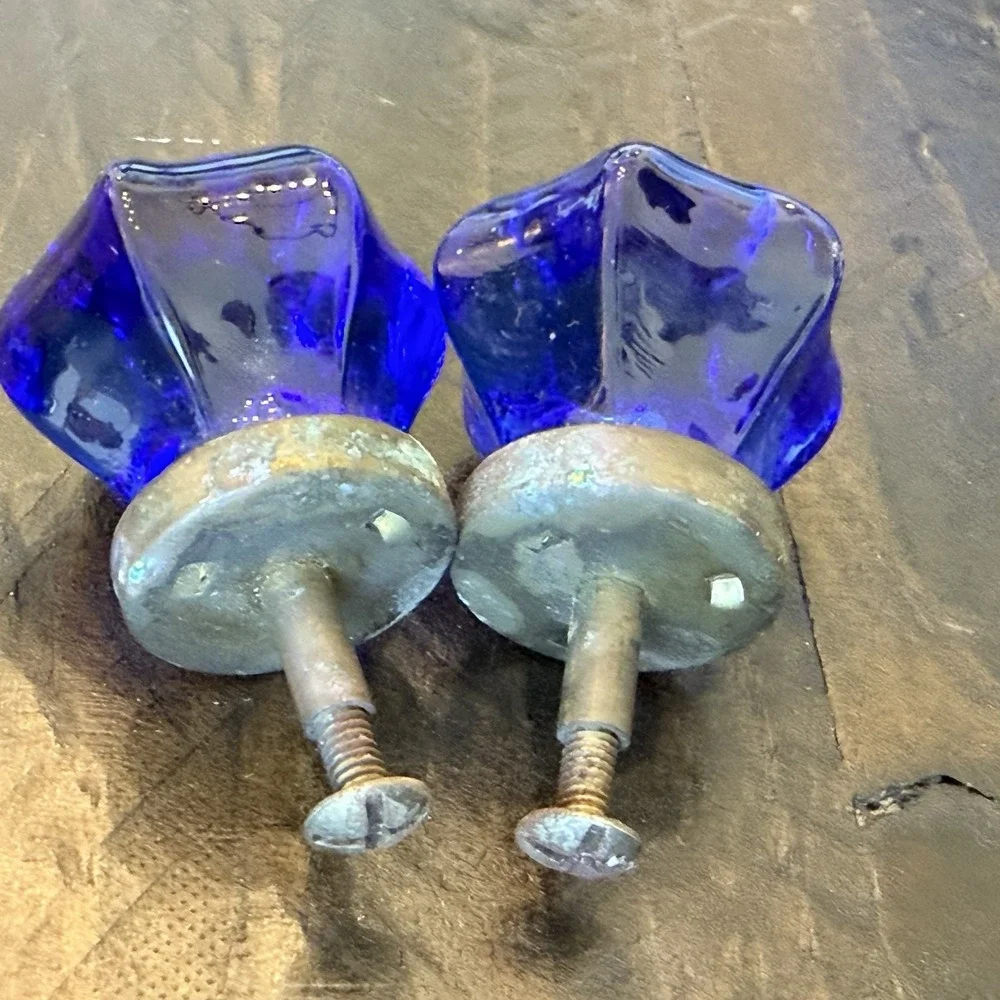 Vtg Victorian Crown Cobalt Blue Cut Glass Drawer Knobs Pulls Brass Lot of 2